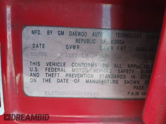 ✅ 2006 Chevrolet Aveo LS • VIN: KL1TD66626B669245 • Lot: 43628645. Listed on IAAI with 158,789 mi. Free auction sales archive from the USA and detailed vehicle history report at DreamBid. Image 9.