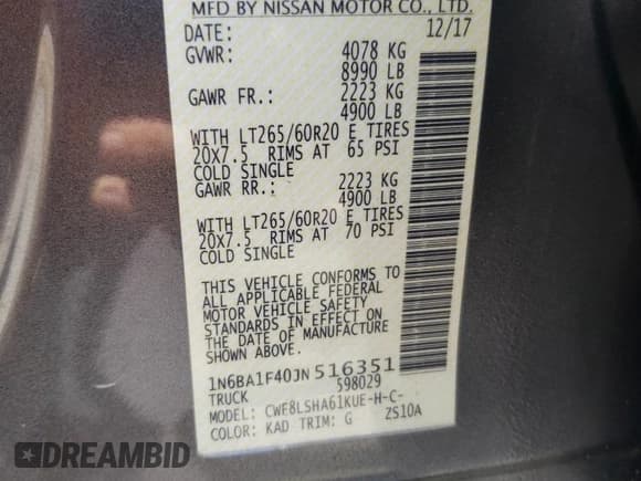 ✅ 2018 Nissan Titan Platinum Reserve • VIN: 1N6BA1F40JN516351 • Lot: 62639775. Listed on Copart with 118,178 mi. Free auction sales archive from the USA and detailed vehicle history report at DreamBid. Image 12.