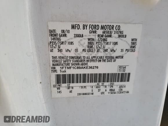 ✅ 2010 Ford F-150 XL • VIN: 1FTMF1C89AKE36276 • Lot: 67572345. Listed on Copart with 269,900 mi. Free auction sales archive from the USA and detailed vehicle history report at DreamBid. Image 12.