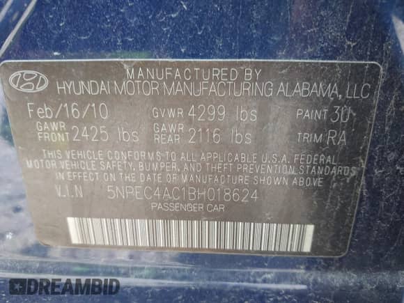 2011 Hyundai Sonata Limited with VIN 5NPEC4AC1BH018624, listed as a IAAI auction lot 42651503 with 160,974 mi miles and . Bid and sale history available at DreamBid. Image 9.