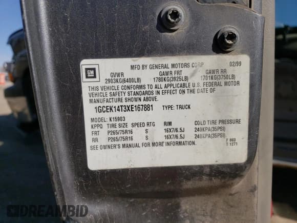 ✅ 1999 Chevrolet Silverado 1500 • VIN: 1GCEK14T3XE167881 • Лот: 77470344. Опубликован ранее на Copart с пробегом 165 062 миль. Бесплатный доступ к архиву аукционных продаж из США и подробный отчёт об истории автомобиля на DreamBid. Изображение 12.