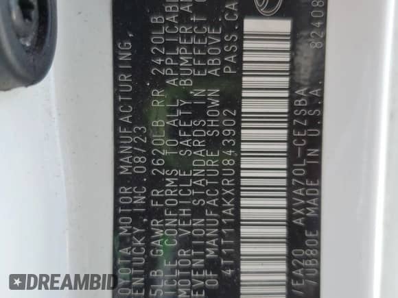 2024 Toyota Camry SE with VIN 4T1T11AKXRU843902, listed as a Copart auction lot 80019565 with 43,096 mi miles and Salvage title. Bid and sale history available at DreamBid. Image 12.