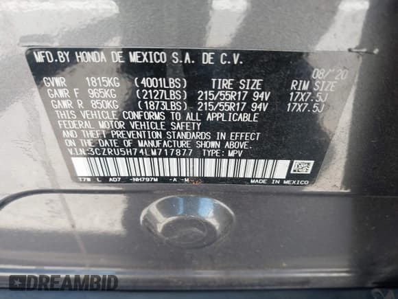 ✅ 2020 Honda HR-V EX-L • VIN: 3CZRU5H74LM717877 • Lot: 42806209. Listed on IAAI with Not provided. Free auction sales archive from the USA and detailed vehicle history report at DreamBid. Image 9.