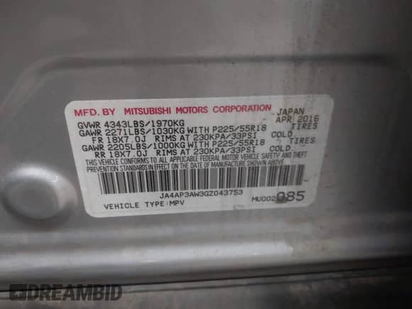 2016 Mitsubishi Outlander SE with VIN JA4AP3AW3GZ043753, listed as a IAAI auction lot 42269009 with 79,297 mi miles and . Bid and sale history available at DreamBid. Image 9.