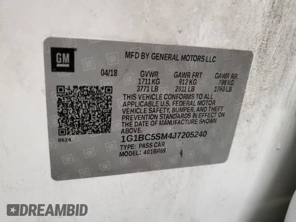 2018 Chevrolet Cruze LS с VIN 1G1BC5SM4J7205240, выставлен на аукционе Copart как лот 69379362 с пробегом 35 561 миль миль и . История ставок и продаж доступна на DreamBid. Изображение 12.