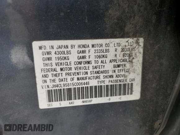 ✅ 2005 Acura TSX • VIN: JH4CL95815C006448 • Lot: 71444754. Listed on Copart with Not provided. Free auction sales archive from the USA and detailed vehicle history report at DreamBid. Image 12.