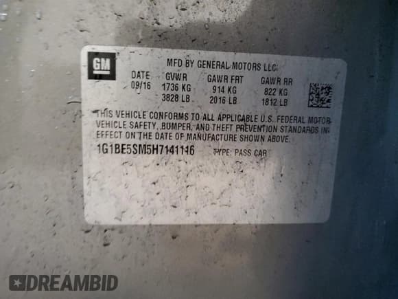 ✅ 2017 Chevrolet Cruze LT • VIN: 1G1BE5SM5H7141116 • Лот: 41968763. Опубликован ранее на Copart с пробегом 73 210 миль. Бесплатный доступ к архиву аукционных продаж из США и подробный отчёт об истории автомобиля на DreamBid. Изображение 12.