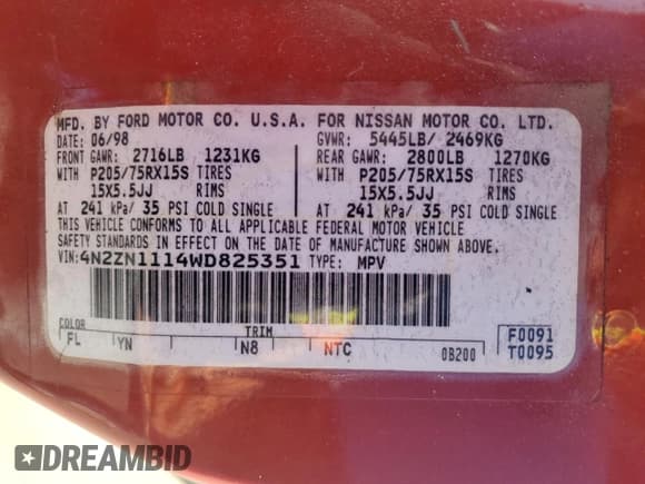 ✅ 1998 Nissan Quest XE • VIN: 4N2ZN1114WD825351 • Lot: 87635825. Listed on Copart with 203,542 mi. Free auction sales archive from the USA and detailed vehicle history report at DreamBid. Image 14.