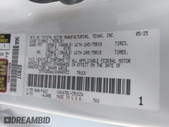 ✅ 2025 Toyota Tundra SR • VIN: 5TFKB5AA1SX048933 • Lot: 43684190. Listed on IAAI with 9,895 mi. Free auction sales archive from the USA and detailed vehicle history report at DreamBid. Image 9.