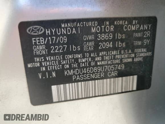 2009 Hyundai Elantra GLS z VIN KMHDU46D89U705749, wystawiony jako Copart lot #70799374 z przebiegiem 207 172 mil mil oraz Szkoda całkowita • Salvage title. Historia ofert i sprzedaży dostępna na DreamBid. Obrazek 14.