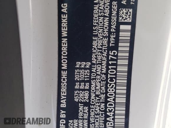 ✅ 2025 BMW 4 Series 430i • VIN: WBA43DA08SCT01175 • Lot: 67474575. Listed on Copart with 15,889 mi. Free auction sales archive from the USA and detailed vehicle history report at DreamBid. Image 12.