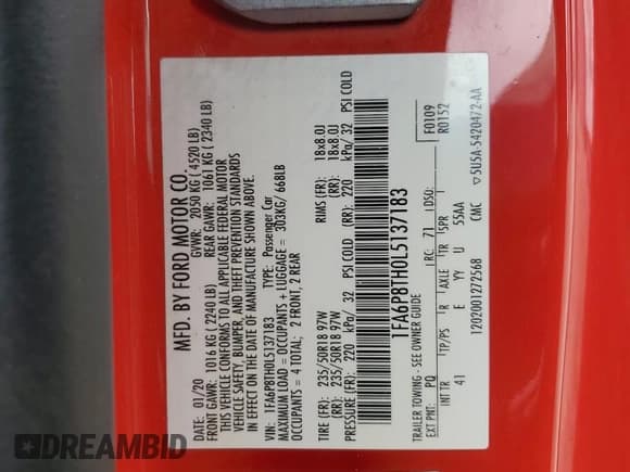 ✅ 2020 Ford Mustang EcoBoost Premium • VIN: 1FA6P8TH0L5137183 • Lot: 81908285. Listed on Copart with 73,784 mi. Free auction sales archive from the USA and detailed vehicle history report at DreamBid. Image 12.