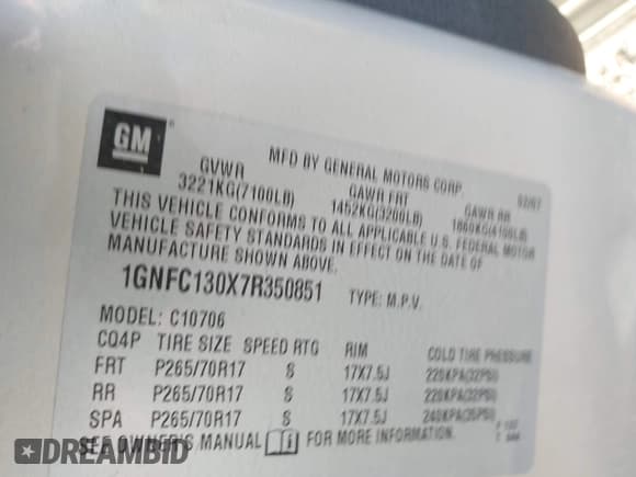 ✅ 2007 Chevrolet Tahoe LS • VIN: 1GNFC130X7R350851 • Lot: 43748411. Listed on IAAI with 172,770 mi. Free auction sales archive from the USA and detailed vehicle history report at DreamBid. Image 9.