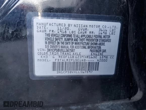 ✅ 2020 Nissan Kicks S • VIN: 3N1CP5BVXLL567597 • Lot: 91438255. Wystawiony na Copart z przebiegiem 121 498 mil. Bezpłatny archiwum sprzedaży aukcyjnych z USA i szczegółowy raport historii pojazdu na DreamBid. Zdjęcie 13.