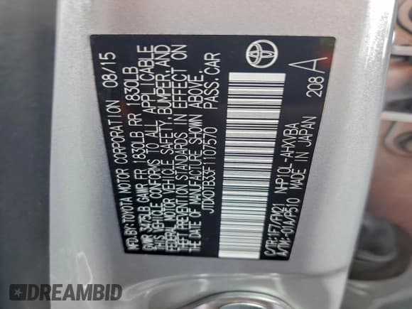 ✅ 2015 Toyota Prius One • VIN: JTDKDTB33F1107570 • Лот: 93342455. Опубликован ранее на Copart с пробегом 164 918 миль. Бесплатный доступ к архиву аукционных продаж из США и подробный отчёт об истории автомобиля на DreamBid. Изображение 13.