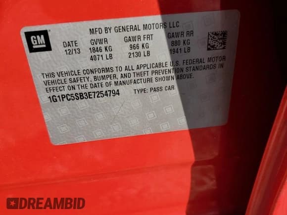 ✅ 2014 Chevrolet Cruze 1LT • VIN: 1G1PC5SB3E7254794 • Lot: 82514255. Listed on Copart with 146,648 mi. Free auction sales archive from the USA and detailed vehicle history report at DreamBid. Image 12.