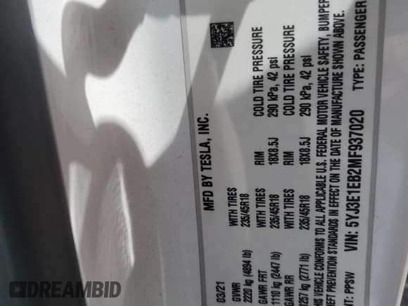 ✅ 2021 Tesla Model 3 Long Range • VIN: 5YJ3E1EB2MF937020 • Lot: 54358695. Wystawiony na Copart z przebiegiem 97 787 mil. Bezpłatny archiwum sprzedaży aukcyjnych z USA i szczegółowy raport historii pojazdu na DreamBid. Zdjęcie 13.