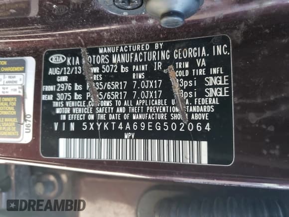 ✅ 2014 Kia Sorento LX • VIN: 5XYKT4A69EG502064 • Lot: 82532385. Listed on Copart with Not provided. Free auction sales archive from the USA and detailed vehicle history report at DreamBid. Image 13.