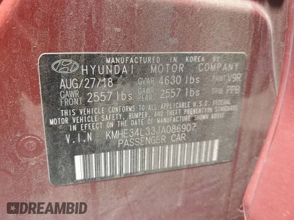 2018 Hyundai Sonata Limited с VIN KMHE34L33JA086907, выставлен на аукционе Copart как лот 65697695 с пробегом 159 268 миль миль и Списание • Salvage title. История ставок и продаж доступна на DreamBid. Изображение 13.