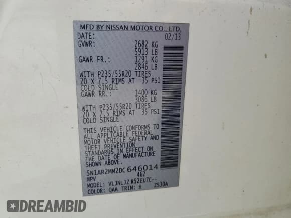 ✅ 2013 Nissan Pathfinder SL • VIN: 5N1AR2MM2DC646014 • Lot: 61781655. Listed on Copart with 262,987 mi. Free auction sales archive from the USA and detailed vehicle history report at DreamBid. Image 13.