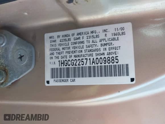 2001 Honda Accord EX с VIN 1HGCG22571A009885, выставлен на аукционе IAAI как лот 42409944 с пробегом 231 157 миль миль и . История ставок и продаж доступна на DreamBid. Изображение 9.