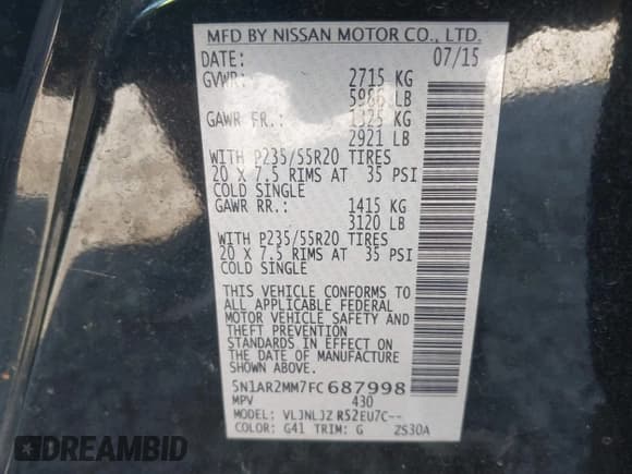 ✅ 2015 Nissan Pathfinder Platinum • VIN: 5N1AR2MM7FC687998 • Lot: 43618859. Listed on IAAI with 136,743 mi. Free auction sales archive from the USA and detailed vehicle history report at DreamBid. Image 9.