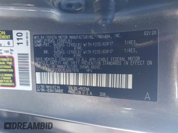 ✅ 2020 Toyota Sienna LE • VIN: 5TDKZ3DCXLS067856 • Лот: 43811903. Опубликован ранее на IAAI с пробегом 94 899 миль. Бесплатный доступ к архиву аукционных продаж из США и подробный отчёт об истории автомобиля на DreamBid. Изображение 9.