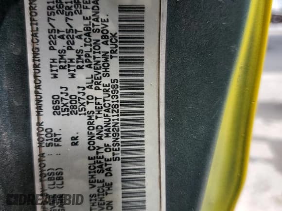 ✅ 2001 Toyota Tacoma PreRunner • VIN: 5TESN92N11Z813985 • Lot: 82051055. Wystawiony na Copart z przebiegiem 134 919 mil. Bezpłatny archiwum sprzedaży aukcyjnych z USA i szczegółowy raport historii pojazdu na DreamBid. Zdjęcie 12.