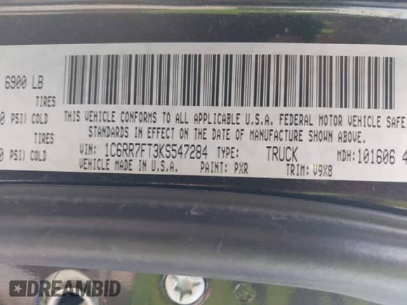 2019 Ram 1500 Tradesman with VIN 1C6RR7FT3KS547284, listed as a IAAI auction lot 42383370 with 78,216 mi miles and . Bid and sale history available at DreamBid. Image 9.