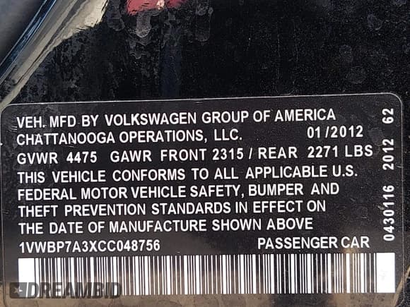✅ 2012 Volkswagen Passat SE • VIN: 1VWBP7A3XCC048756 • Lot: 43820434. Listed on IAAI with 160,728 mi. Free auction sales archive from the USA and detailed vehicle history report at DreamBid. Image 9.