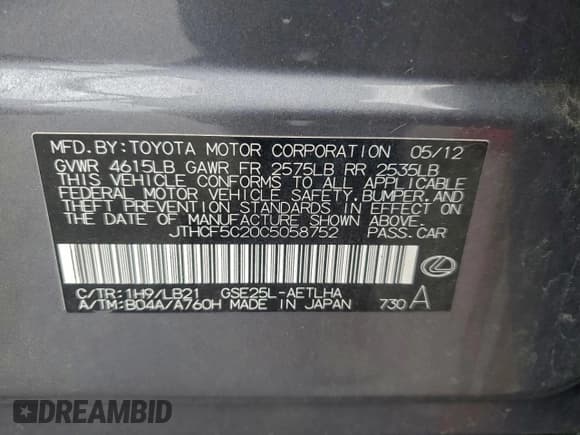 ✅ 2012 Lexus IS 250 • VIN: JTHCF5C20C5058752 • Lot: 95841715. Listed on Copart with 98,700 mi. Free auction sales archive from the USA and detailed vehicle history report at DreamBid. Image 12.