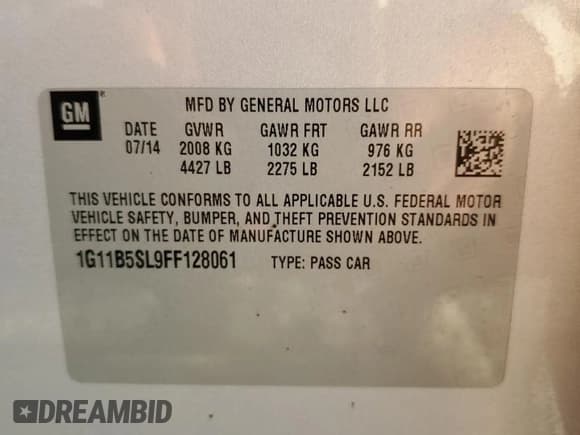 ✅ 2015 Chevrolet Malibu LS • VIN: 1G11B5SL9FF128061 • Lot: 90267445. Listed on Copart with 64,012 mi. Free auction sales archive from the USA and detailed vehicle history report at DreamBid. Image 12.