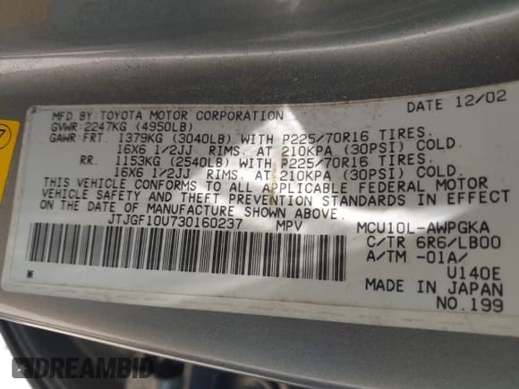 ✅ 2003 Lexus RX 300 • VIN: JTJGF10U730160237 • Лот: 42990347. Опубликован ранее на IAAI с пробегом 148 251 миль. Бесплатный доступ к архиву аукционных продаж из США и подробный отчёт об истории автомобиля на DreamBid. Изображение 9.