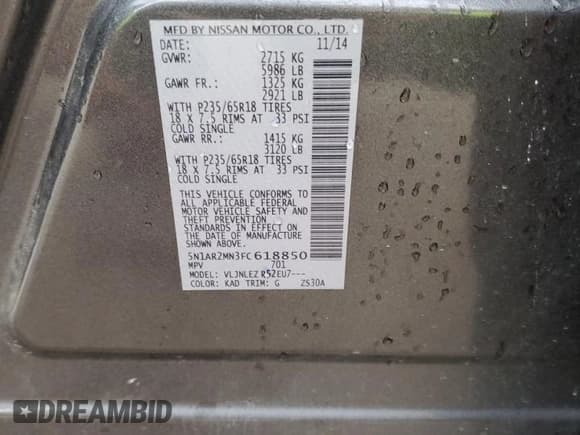 ✅ 2015 Nissan Pathfinder SV • VIN: 5N1AR2MN3FC618850 • Lot: 91830825. Listed on Copart with 177,365 mi. Free auction sales archive from the USA and detailed vehicle history report at DreamBid. Image 13.