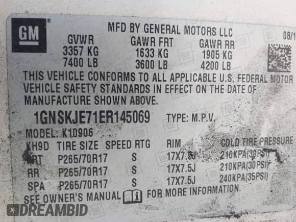 2014 Chevrolet Suburban LT z VIN 1GNSKJE71ER145069, wystawiony jako IAAI lot #41855455 z przebiegiem 197 617 mil mil oraz . Historia ofert i sprzedaży dostępna na DreamBid. Obrazek 9.