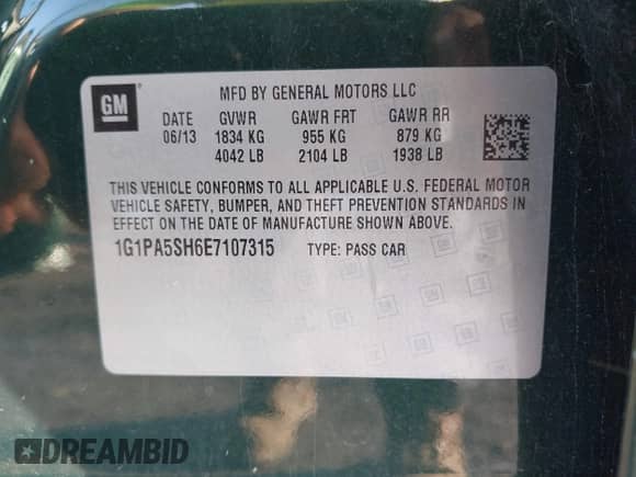 2014 Chevrolet Cruze LS с VIN 1G1PA5SH6E7107315, выставлен на аукционе IAAI как лот 43322371 с пробегом 102 033 миль миль и . История ставок и продаж доступна на DreamBid. Изображение 9.