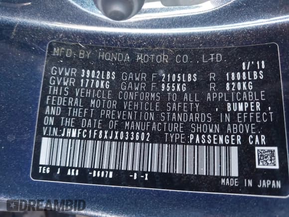 ✅ 2018 Honda Civic EX-L • VIN: JHMFC1F8XJX033602 • Лот: 42161015. Опубликован ранее на IAAI с пробегом 99 597 миль. Бесплатный доступ к архиву аукционных продаж из США и подробный отчёт об истории автомобиля на DreamBid. Изображение 9.