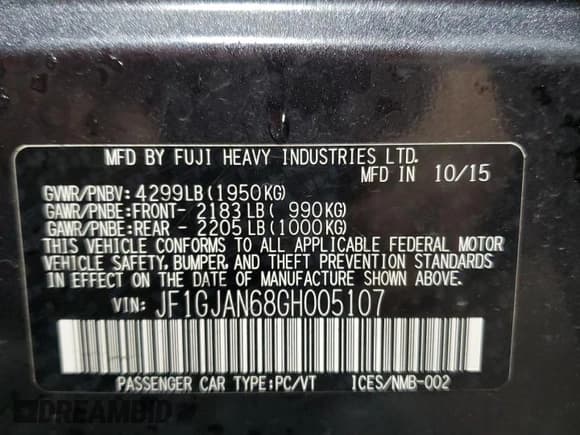 ✅ 2016 Subaru Impreza Limited • VIN: JF1GJAN68GH005107 • Lot: 62729675. Listed on Copart with 62,145 mi. Free auction sales archive from the USA and detailed vehicle history report at DreamBid. Image 13.