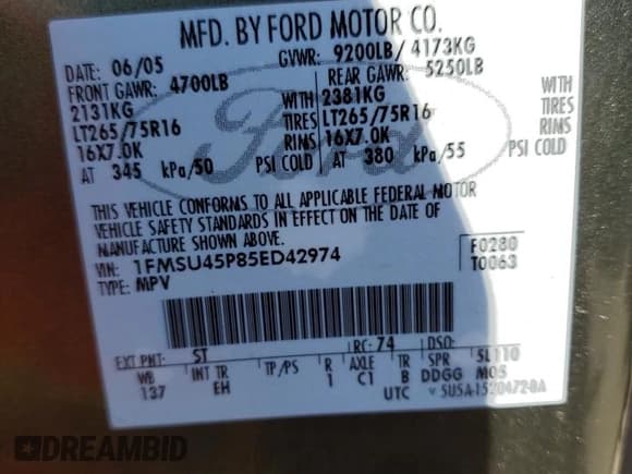 ✅ 2005 Ford Excursion Eddie Bauer • VIN: 1FMSU45P85ED42974 • Lot: 64647644. Listed on Copart with Not provided. Free auction sales archive from the USA and detailed vehicle history report at DreamBid. Image 15.