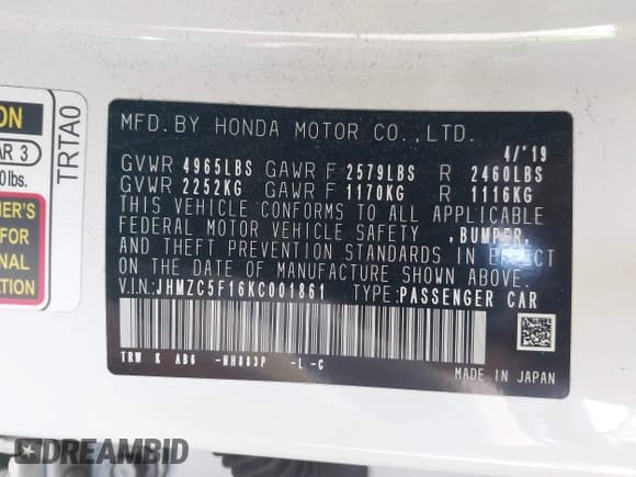 ✅ 2019 Honda Clarity • VIN: JHMZC5F16KC001861 • Lot: 43519638. Wystawiony na IAAI z przebiegiem 62 827 mil. Bezpłatny archiwum sprzedaży aukcyjnych z USA i szczegółowy raport historii pojazdu na DreamBid. Zdjęcie 9.