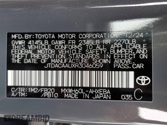 2024 Toyota Prius LE z VIN JTDACAAUXR3046059, wystawiony jako Copart lot #82167085 z przebiegiem 2 675 mil mil oraz Szkoda całkowita • Salvage title. Historia ofert i sprzedaży dostępna na DreamBid. Obrazek 13.