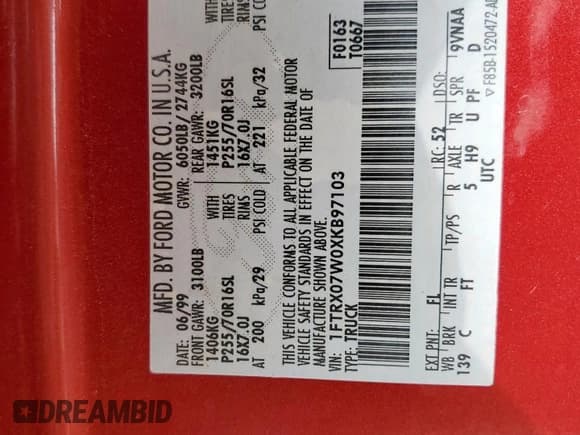 ✅ 1999 Ford F-150 • VIN: 1FTRX07W0XKB97103 • Lot: 65051225. Listed on Copart with 236,455 mi. Free auction sales archive from the USA and detailed vehicle history report at DreamBid. Image 12.