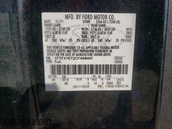 ✅ 2012 Ford F-150 XL • VIN: 1FTFX1ET2CFA08441 • Lot: 70541965. Listed on Copart with 120,735 mi. Free auction sales archive from the USA and detailed vehicle history report at DreamBid. Image 12.