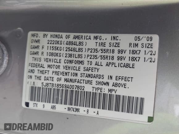 ✅ 2009 Acura RDX Technology • VIN: 5J8TB18569A007802 • Lot: 43193645. Listed on IAAI with 164,034 mi. Free auction sales archive from the USA and detailed vehicle history report at DreamBid. Image 9.