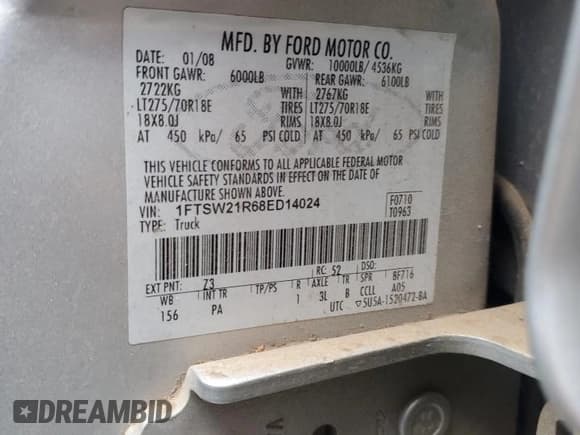 ✅ 2008 Ford F-250 XL • VIN: 1FTSW21R68ED14024 • Lot: 86279665. Listed on Copart with 303,771 mi. Free auction sales archive from the USA and detailed vehicle history report at DreamBid. Image 12.