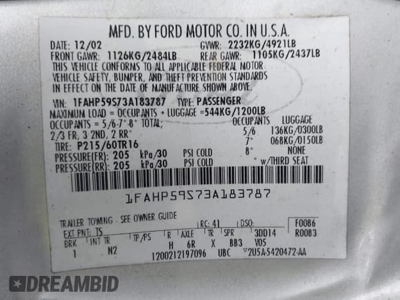 ✅ 2003 Ford Taurus • VIN: 1FAHP59S73A183787 • Lot: 43838740. Wystawiony na IAAI z przebiegiem 296 175 mil. Bezpłatny archiwum sprzedaży aukcyjnych z USA i szczegółowy raport historii pojazdu na DreamBid. Zdjęcie 9.