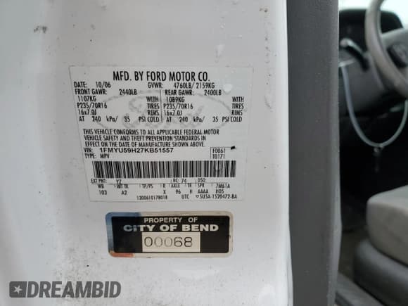 ✅ 2007 Ford Escape Hybrid • VIN: 1FMYU59H27KB51557 • Lot: 42636835. Listed on Copart with Not provided. Free auction sales archive from the USA and detailed vehicle history report at DreamBid. Image 13.