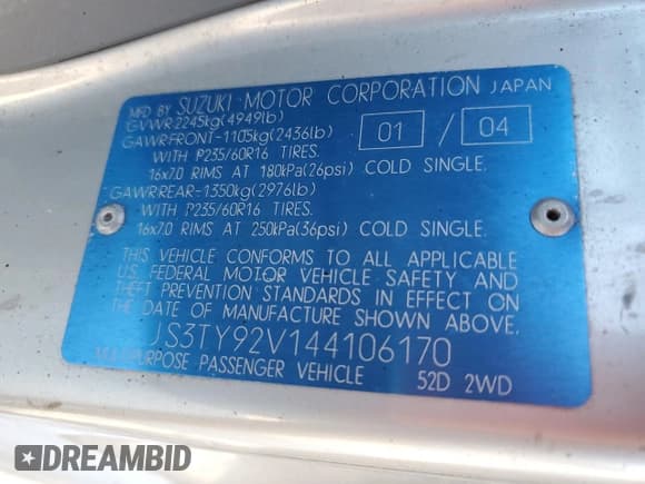 ✅ 2004 Suzuki XL7 LX • VIN: JS3TY92V144106170 • Lot: 87664535. Listed on Copart with 116,349 mi. Free auction sales archive from the USA and detailed vehicle history report at DreamBid. Image 13.