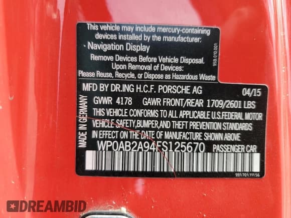 ✅ 2015 Porsche 911 Carrera S • VIN: WP0AB2A94FS125670 • Lot: 62938754. Listed on Copart with 70,738 mi. Free auction sales archive from the USA and detailed vehicle history report at DreamBid. Image 12.