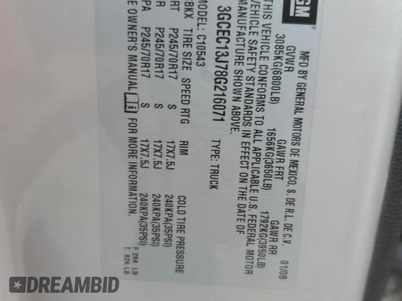 ✅ 2008 Chevrolet Silverado 1500 1LT • VIN: 3GCEC13J78G216071 • Lot: 71853804. Listed on Copart with 167,073 mi. Free auction sales archive from the USA and detailed vehicle history report at DreamBid. Image 12.